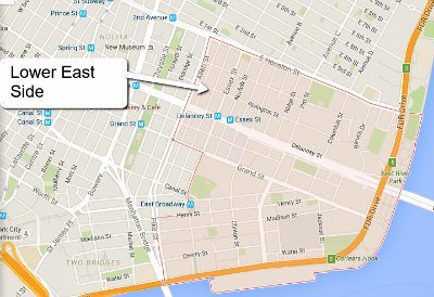 Google Map With Arrow Pointing At Lower East Side Area