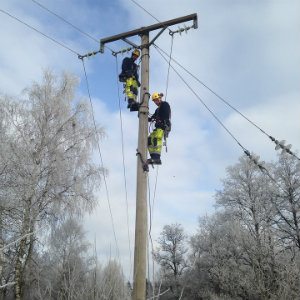 electrical workers climbing pole