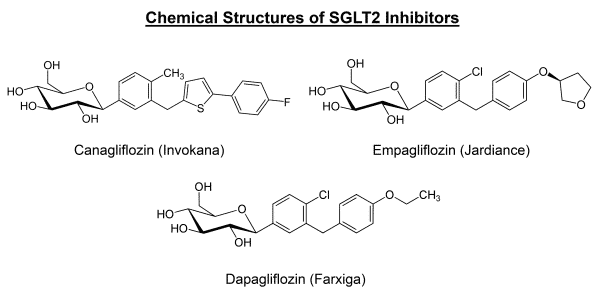 Chemical structures of Invokana, Jadiance, Farxiga